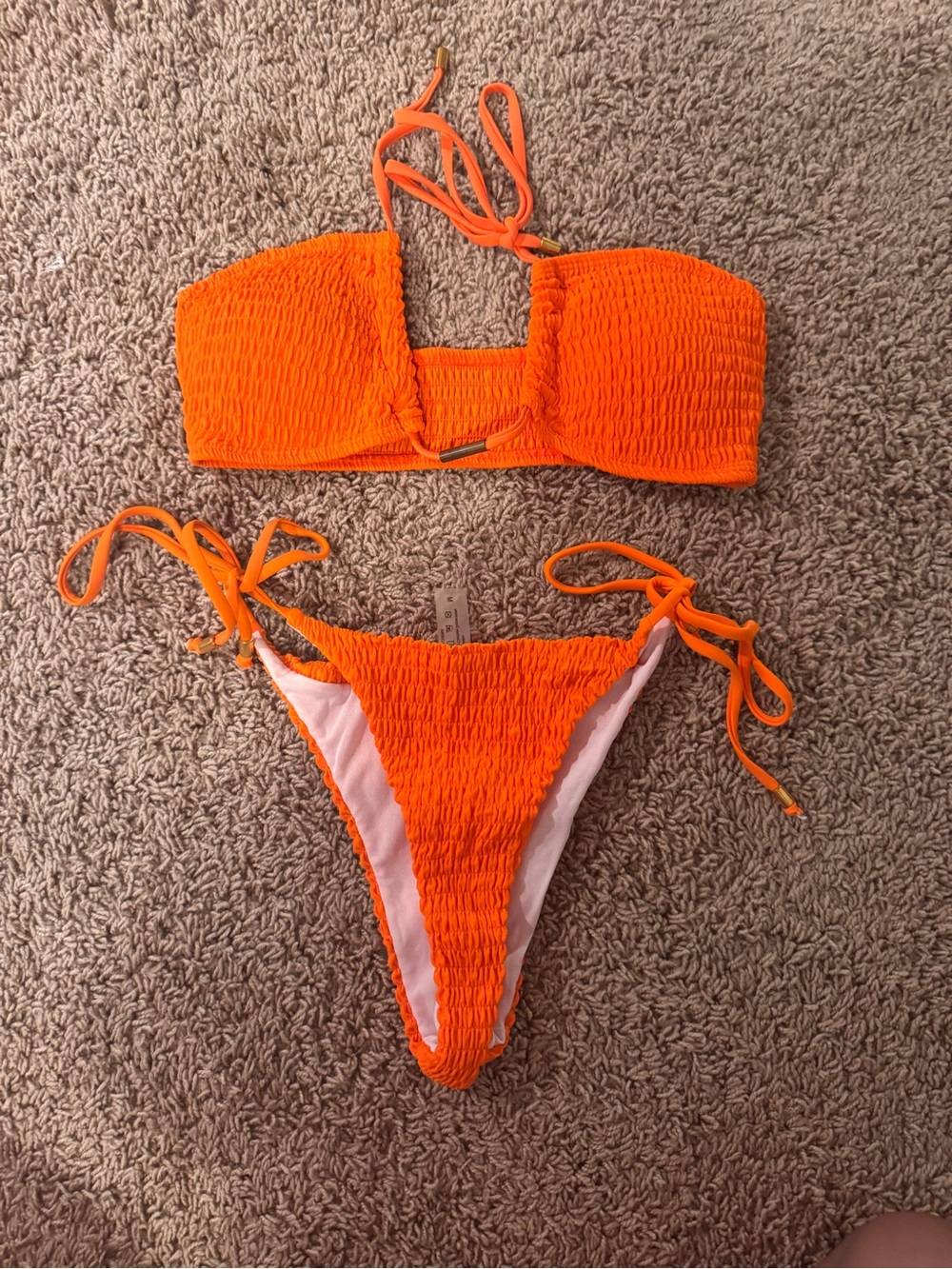 SHEIN Orange Smocked Bandeau Tie-Side Bikini